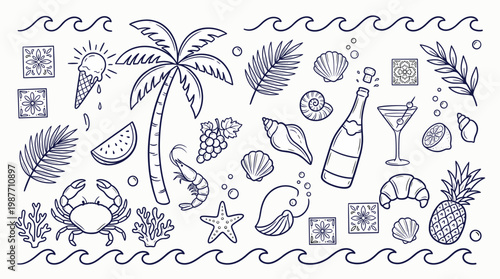 Summer vacation element pack, vintage line, palm trees, tropical fruits, seashells, champagne bottles, and ocean waves