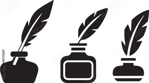 3 Inkwell and quill pen icons set representing historical writing tools in flat vector