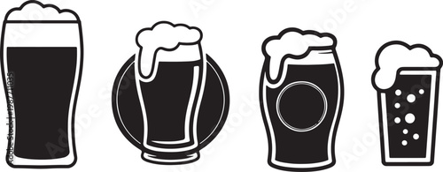 4 Beer glasses with foam set of black and white silhouette vector icons