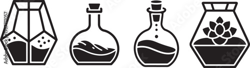 4 decorative glass bottles and geometric terrariums with plants and liquid black icons