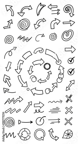 :
Hand drawn arrows circles and doodle writing vector set with sketchy lines highlight strokes and annotation elements