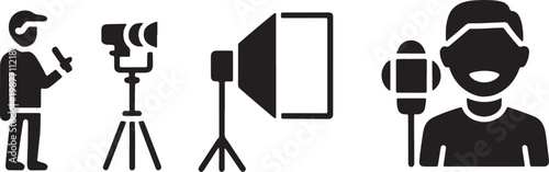 Film production icons featuring camera operator lighting equipment and presenter