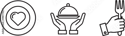 Food service icon set with plate heart covered dish and hand holding fork isolated on white background