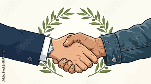 Business Partnership Agreement Symbolic Depiction Human Hands Shaking with Laurel Wreath Signifying Contracts Friendship and Alliance Artistically Rendered Professional Setting