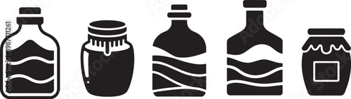 Glass icon set with silhouette, food, and beverage for packaging and storage