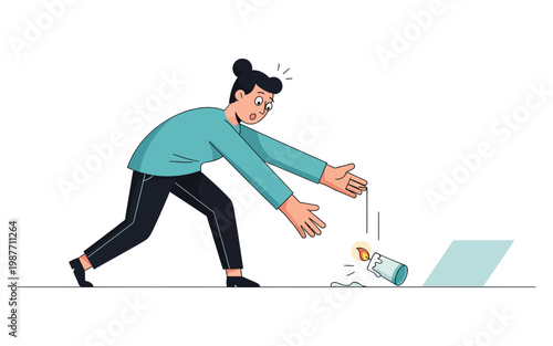 Person reaching to catch falling coffee near laptop.