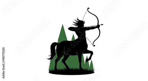 Centaur Archer Silhouette with Bow and Arrow in Forest Vector