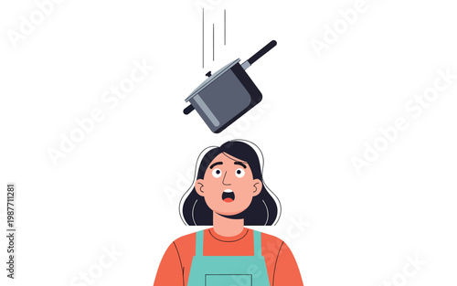 Startled cook looks up at falling saucepan overhead.