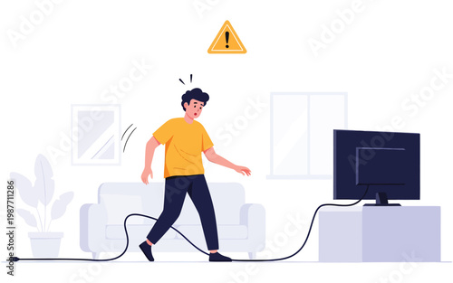 Young man tripping over television cord with warning.