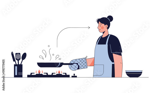 Home cook in apron frying on stovetop.