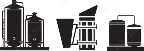 Industrial fermentation tanks and beekeeping smoker icons set as black vector silhouettes