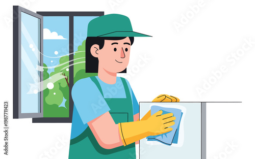Housekeeper wearing gloves wiping surface with cloth.