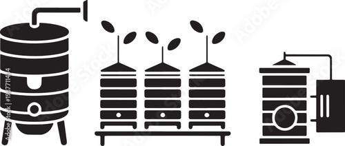 Industrial fermentation tanks and bio reactors with leaf symbols in flat vector icon set