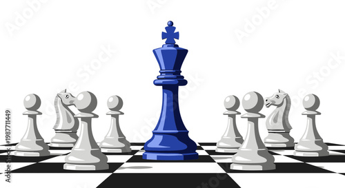 Blue King Chess Piece Standing Out on Board Vector Illustration
