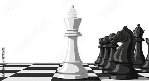 White king chess piece facing black army on chessboard vector