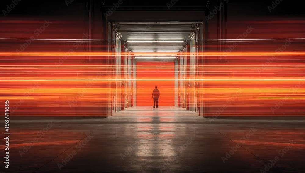 Fototapeta premium Lone figure in a brightly lit, motion-blurred corridor