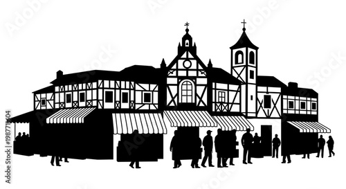 Traditional European Old Town Market Square Vector Illustration