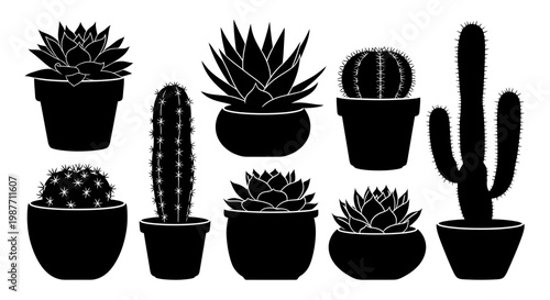 Black Cactus and Succulent Silhouette Set in Flower Pots