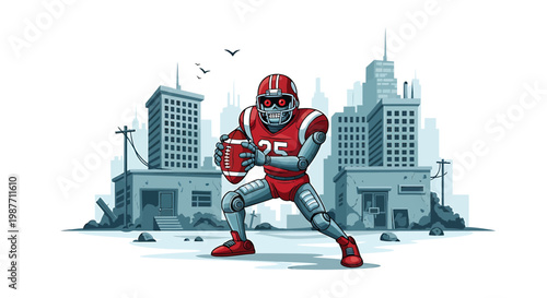 Futuristic Robot Football Player in Post Apocalyptic City Illustration