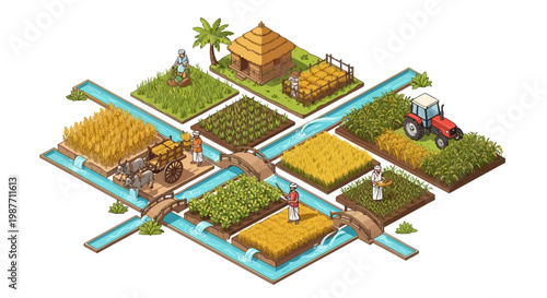 Isometric illustration showing agriculture and livestock in India, including rice fields, cattle farming, and traditional methods alongside modern irrigation, all set against a clean white