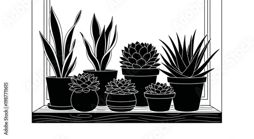 Minimalist Black and White Vector Illustration of Potted Houseplants