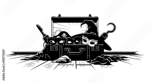 Vintage Suitcase filled with Costume Props and Masks Illustration