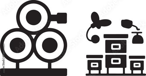 Wine barrels stack and beehives apiary icon set as black silhouette vector illustration