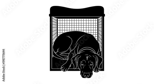 Sad dog lying in a crate vector illustration for pet care