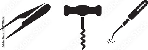 Tweezers, corkscrew, and soldering iron tool icons, black silhouette vector illustration