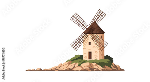 Traditional Stone Windmill Vector Illustration on Rocks