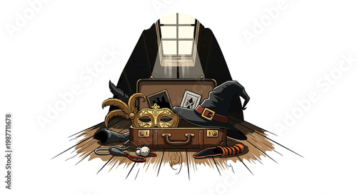 Vintage Suitcase with Costumes and Witch Hat in an Old Attic