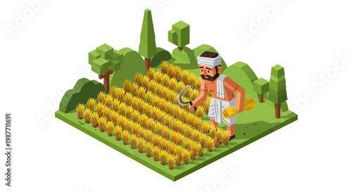 Isometric illustration of an Indian farmer working in a golden paddy field, cutting rice with a sickle, surrounded by green trees in a traditional rural farming scene, set against a clean