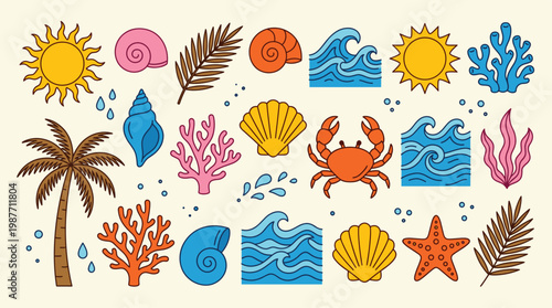 Summer vacation themed element pack, colorful line, suns, shells, palm trees, coral, waves, crabs, and starfish