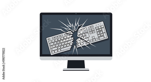 Broken Computer Monitor with Keyboard Smashed into Screen Illustration