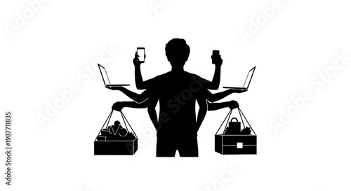 Man Multitasking with Multiple Arms Holding Devices and Groceries