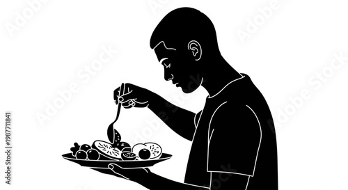 Silhouette of man eating healthy vegetable salad vector illustration