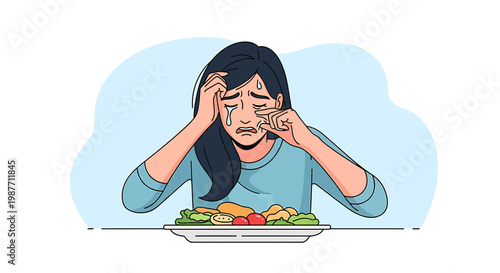 Distressed Woman Crying over Healthy Food Representing Dieting Stress