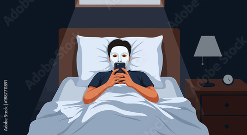 Man Wearing Face Mask Using Smartphone in Bed at Night Illustration