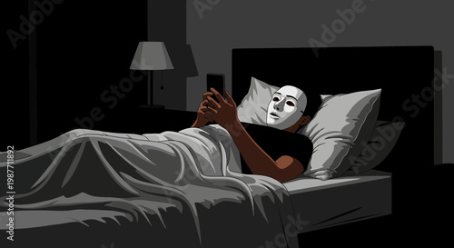 Anonymous person wearing mask using smartphone in dark bedroom