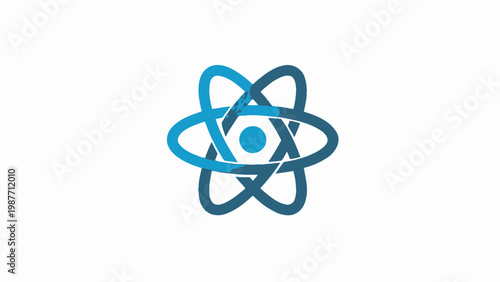 Modern blue atom symbol with orbiting electrons, representing nuclear physics, quantum mechanics research, clean energy, molecular science, and high-tech innovation on a clean white background.