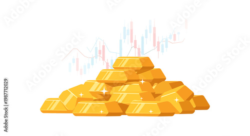 Pile of Shiny Gold Bars with Stock Market Chart Illustration