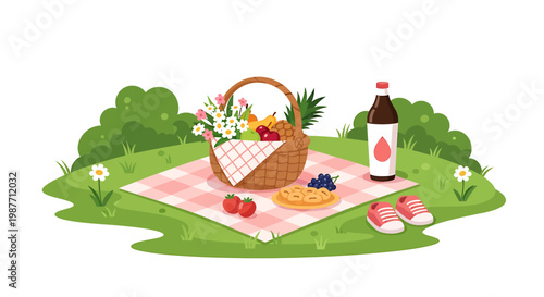 Summer picnic with basket of fruit and flowers on grass vector