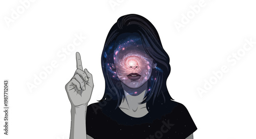 Surreal Illustration of Woman with Galaxy Face Pointing Upward
