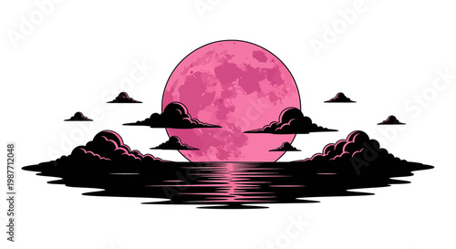 Pink Full Moon Rising Over Ocean with Clouds Vector Illustration