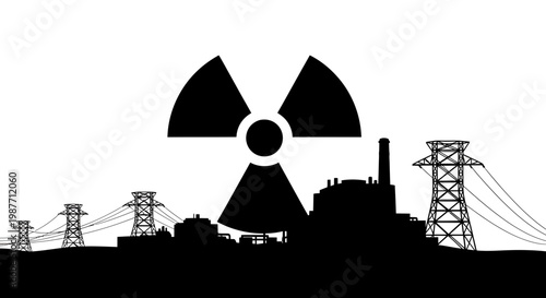 Nuclear Power Plant and Electricity Pylons Silhouette with Radiation Sign