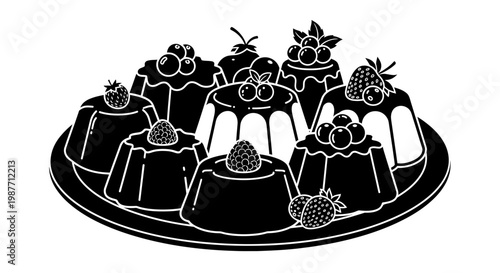 Black and White Vector Illustration of Assorted Puddings with Fruit