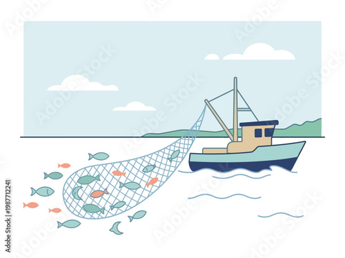 Fishing boat casting net in calm coastal waters with fish swimming below