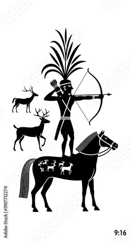 Tribal Archer on Horse Ancient Petroglyph Style Vector Illustration