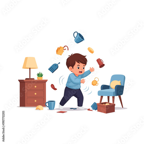 Clumsy Toddler Boy Accidentally Dropping Objects Illustration