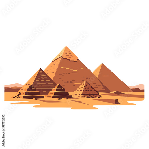 Vector illustration of the Great Pyramids of Giza in Egyptian desert